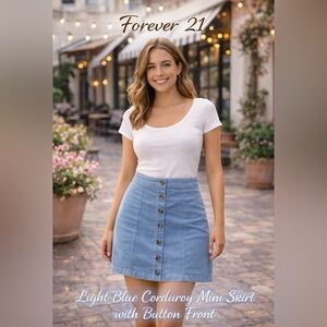 Forever 21 Light Blue Corduroy Mini Skirt w/ Button Front EUC